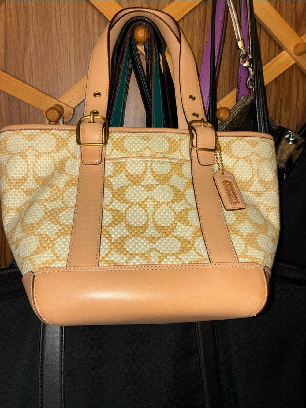 Coach Pebbled Signature  Straw Tote in Beige/Tan